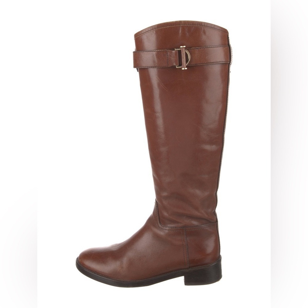 Tory Burch Grace Cognac Brown Leather Knee-high Rising Winter Boots Logo Size 7M